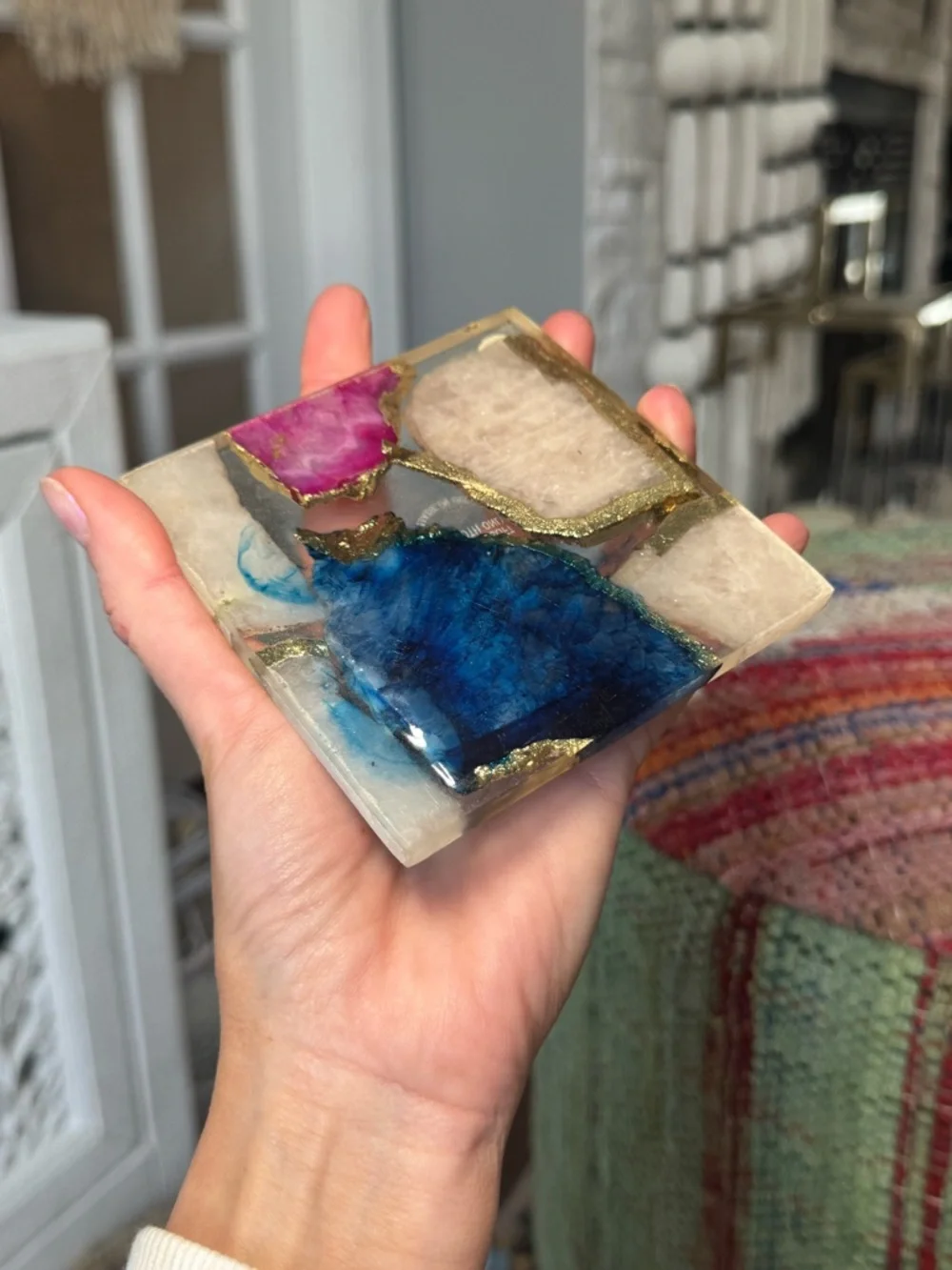 Anthropologie Multicolor Gemstone Mosaic Coasters with Gold Veining set of 4 - Picture 4 of 4